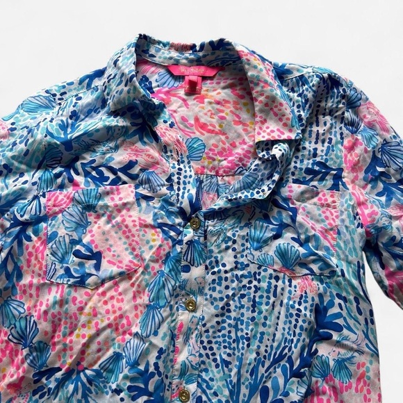 Lilly Pulitzer Natalie Cover-Up Shirtdress blue pink shell sway with me xxs - Picture 3 of 7